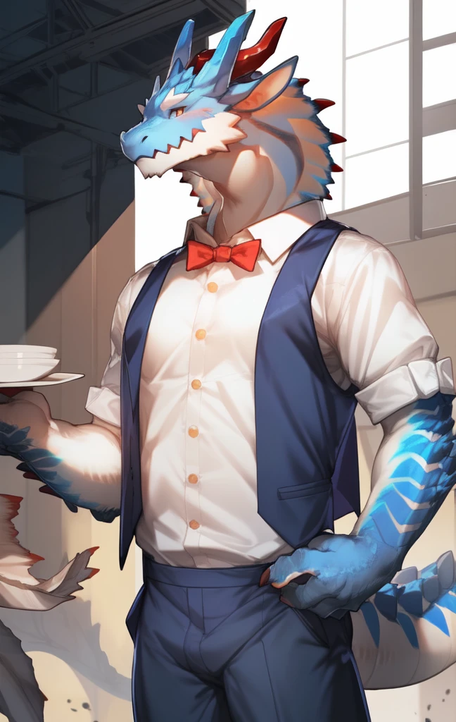 By Qingshan,author：pgm300,(By Bei Bei Bei Bei:0.75),From milkytiger11145,
Beast field,anthropology,
male,
dragon,Tail,
Blue body,
Looking at the audience,Smile,
White shirt,bow tie,waiter,Vest,
Put your hands behind your back,
permanent,