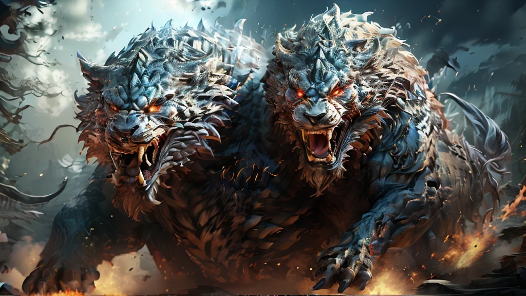 Creates an epic scene of a lone human standing defiantly against a giant dragon-like demon。悪魔teeth上空にそびえ立ち、The hall々Filling the sky with a vibrant presence。その鱗teeth周囲の地獄を捉えて反映する暗闇のタペストリーです。」Surrounding trees々teeth、It forms a dark silhouette against a night sky ablaze with golden blazes.、Swirls of smoke and fog add to the mystery of this conflict.、Creates tension and shock。An atmosphere that condenses the moment of expectation between humans and mythical beasts.。Japanese anime style。ドラゴンのような悪魔teeth左右に動き出す