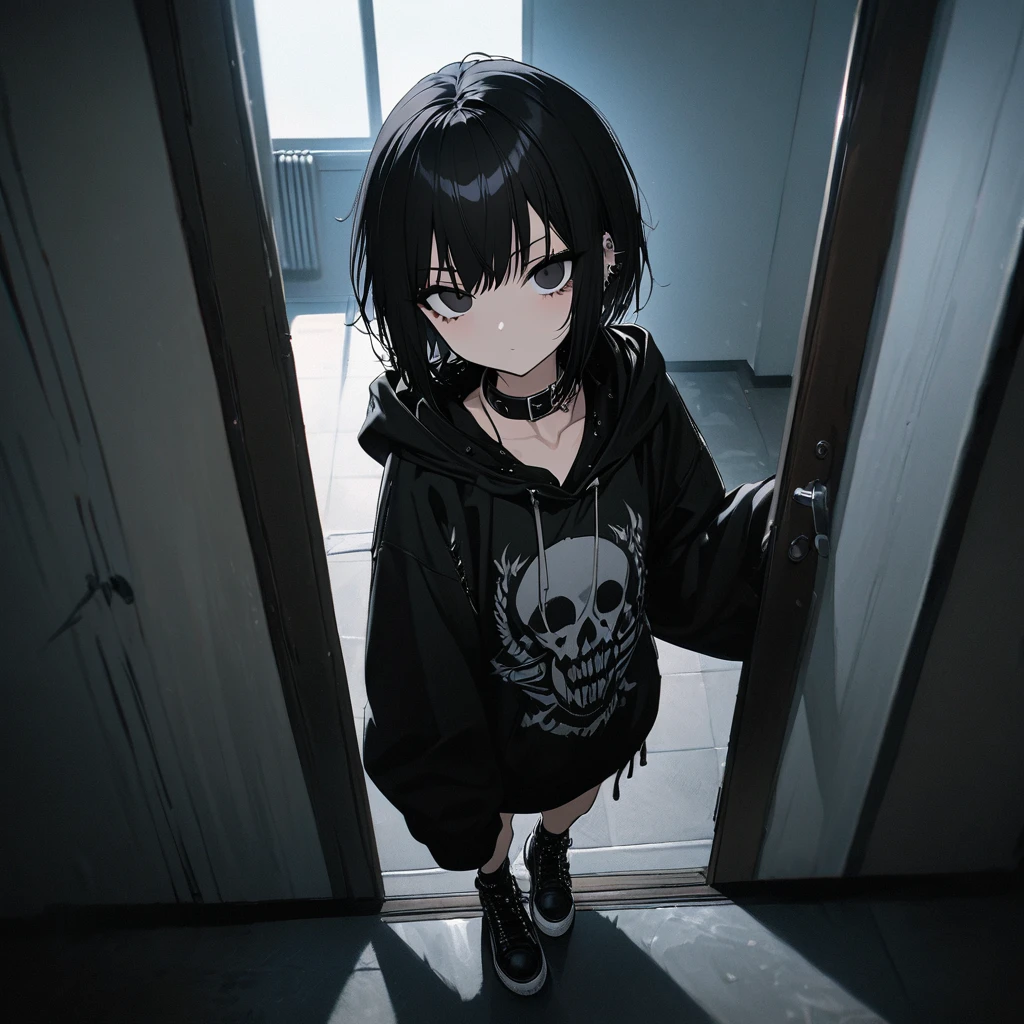 best quality, super fine, detailed black eyes, 16k, incredibly absurdres, extremely detailed, emo highschool girl opening the door inviting you, looking at camera, tilt head, emotionless expression, punk fashion, long black hair, black collar, weird long-sleeves oversized hoodie, full body, dim lights, (magnificent view:1.1)