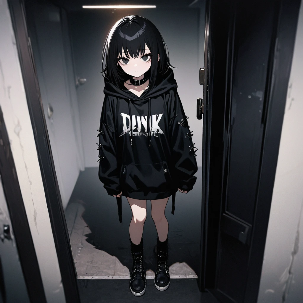 best quality, super fine, detailed black eyes, 16k, incredibly absurdres, extremely detailed, emo highschool girl opening the door inviting you, looking at camera, tilt head, emotionless expression, punk fashion, long black hair, black collar, weird long-sleeves oversized hoodie, full body, dim lights, (magnificent view:1.1) 