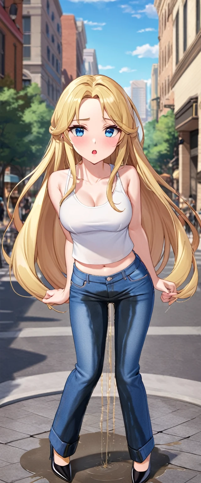 ((best quality, masterpiece:1.3, 8K)), (detailed), highly detailed face and skin texture, detailed eyes, downtown, full body, slender body, 1girl, 25 years old, white skin, blue eyes, bright lips, worried, embarrassed, blond hair, straight hair, long hair, (forehead:0.8), blue eyes, white croptop, no sleeves, navel, jeans pants, flares jeans, blue jeans, black heels, peeing jeans, peeing pants, pee stain, (wetting herself:1.5, desperation:1.5),