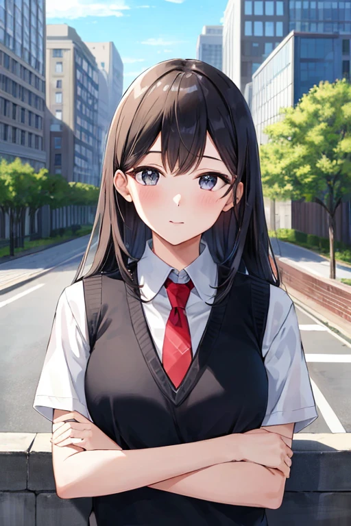 masterpiece, high quality, 8K, Beautiful lighting, One girl, alone, Akane, White shirt, Sweater vest, Black vest, Blue tie, Outdoor, Upper Body, Portraiture, Bush, View your viewers, building, city、Long black hair、Big Breasts