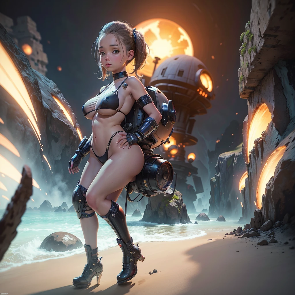 a cute woman, jet boots, jet pack, space adventurer bikini, laser pistol, future hairdo, exploring alien world, mushrooms, tiny goblin-like creatures, detailed face, realistic, cinematic lighting, vibrant colors, high resolution, 8k, photorealistic, detailed environment, award winning concept art, hyper detailed, studio quality