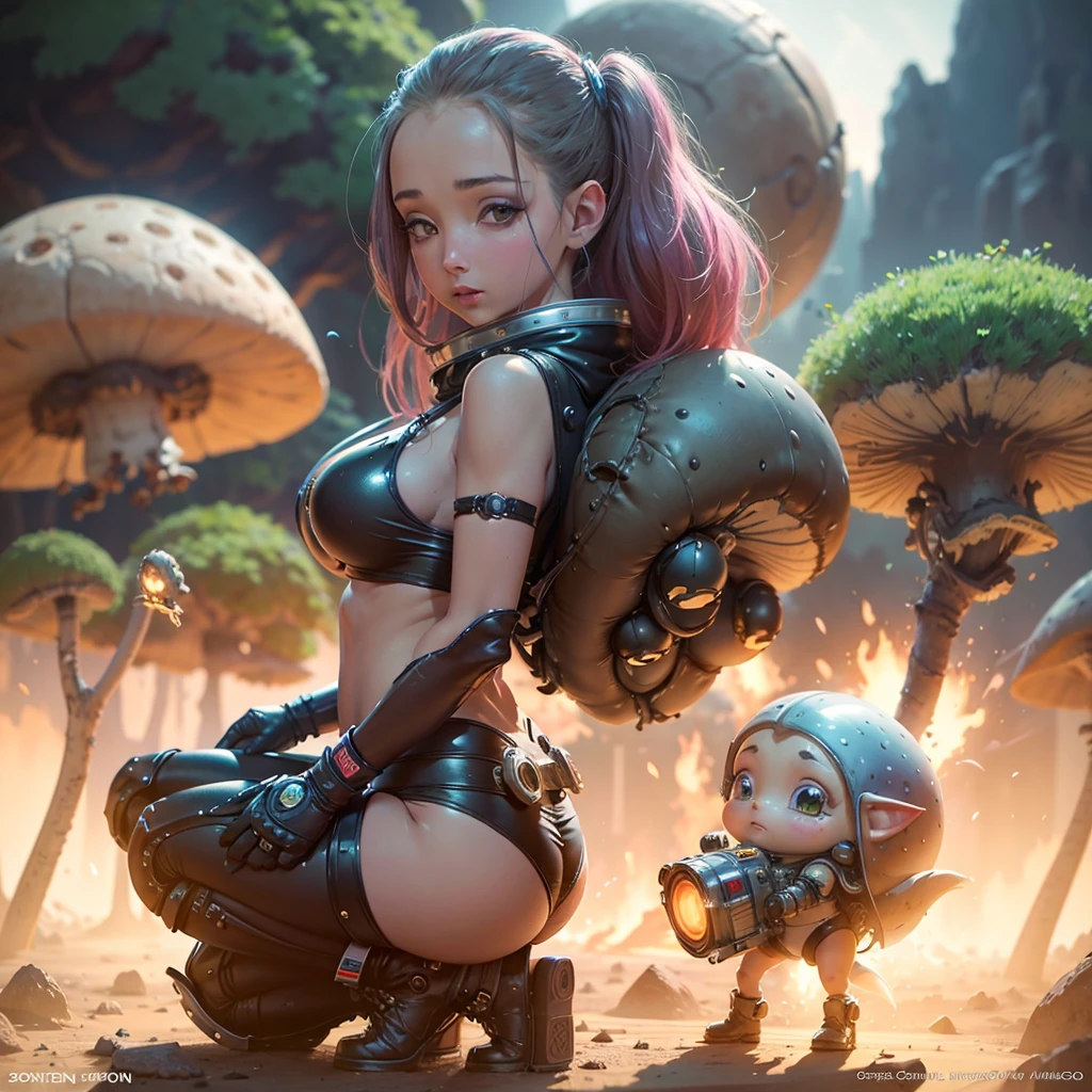 a cute woman, jet boots, jet pack, space adventurer bikini, laser pistol, future hairdo, exploring alien world, mushrooms, tiny goblin-like creatures, detailed face, realistic, cinematic lighting, vibrant colors, high resolution, 8k, photorealistic, detailed environment, award winning concept art, hyper detailed, studio quality