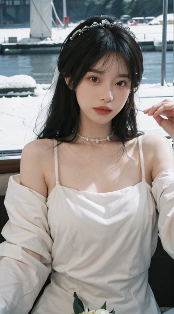 best qualtiy,tmasterpiece,Ultra-high resolution,(realisticlying:1.4),2girls,Large wavy curls,diadems,double eyelid,A pair of peach blossom eyes,Snow white wedding dress,Pure,choker necklace,adolable,Snow-white translucent skin,head straight-looking at viewer,on the yacht,Full of atmosphere,hair pin:1.4,(The upper part of the body:1.4),