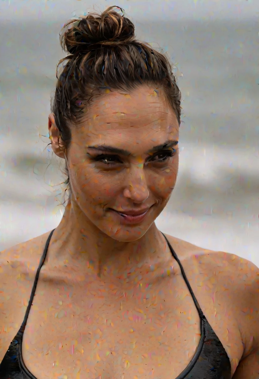 (high quality extremely Erotic photograph) (GalGadot , tired look, exhausted , 45yo woman, on a beach , pale skin tone ,( galxgadt, pony ,hair pulled back, hair bun, shiny breast , topless, show her detailed shiny breast , leather swim suit , running , smiling , on water, ) photorealistic, oily skin texture , buttery brown skin ) , erotic photograph , oily skin , shiny sweaty skin , celebrity, female, woman, hollywood actress, fleshy muscular woman , ( perfect anatomy ,natural lights, correct hands ,depth of field, insanely detailed skin texture, hyper detailed features, hyper photorealistic texture )