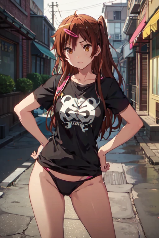 1girl, solo, shinka nibutani, flowing hair, medium breasts, Tight T-shirt, black thong, masterpiece, smile, looking at viewer, outdoors, street, rain, contrapposto, standing, one hand on hip, cowboy shot