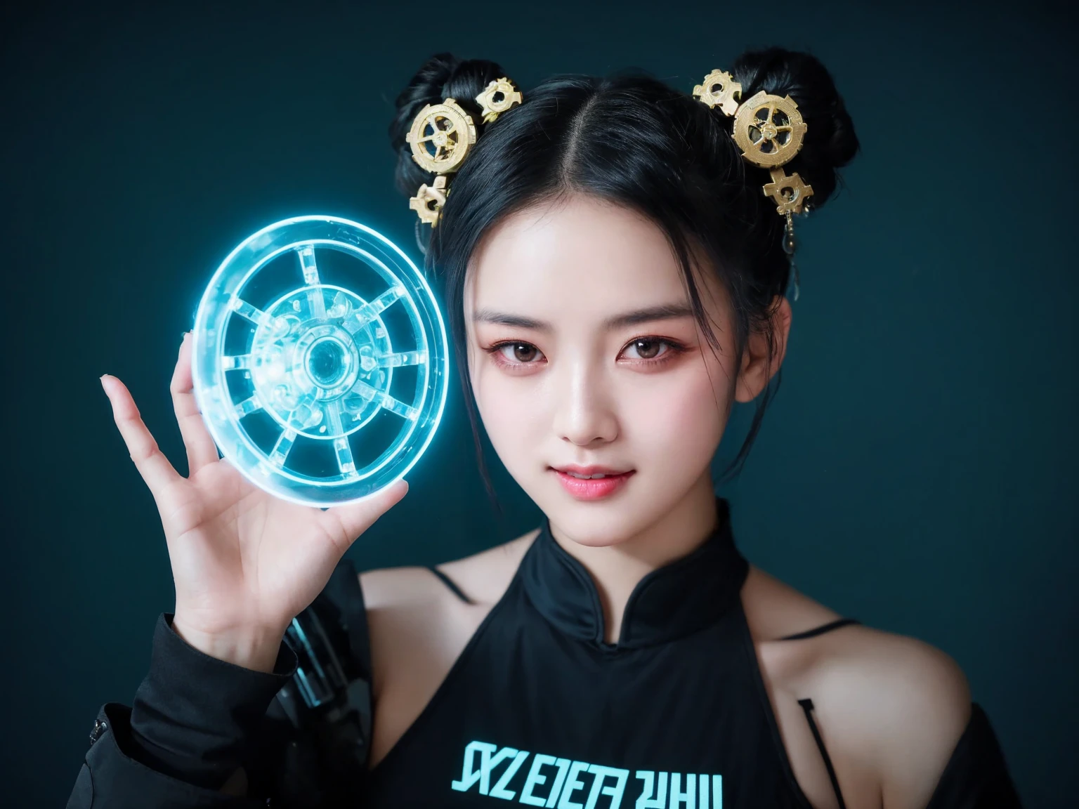 In a cyberpunk-themed portrait, a girl with long black hair styled in twin buns gazes directly at the viewer. Her upper body is the focus, with intricate details in her hair ornament, which is adorned with gears and lights. She holds a namecard made of transparent glass, displaying it closely to the camera. The background is dark, featuring a complex pattern of laser light, creating an immersive cyberpunk atmosphere. The girl's attire is a Hanfu, adding a traditional Chinese element to the futuristic setting. Her sweet smile contrasts the edgy cyberpunk style, adding a touch of warmth to the scene.