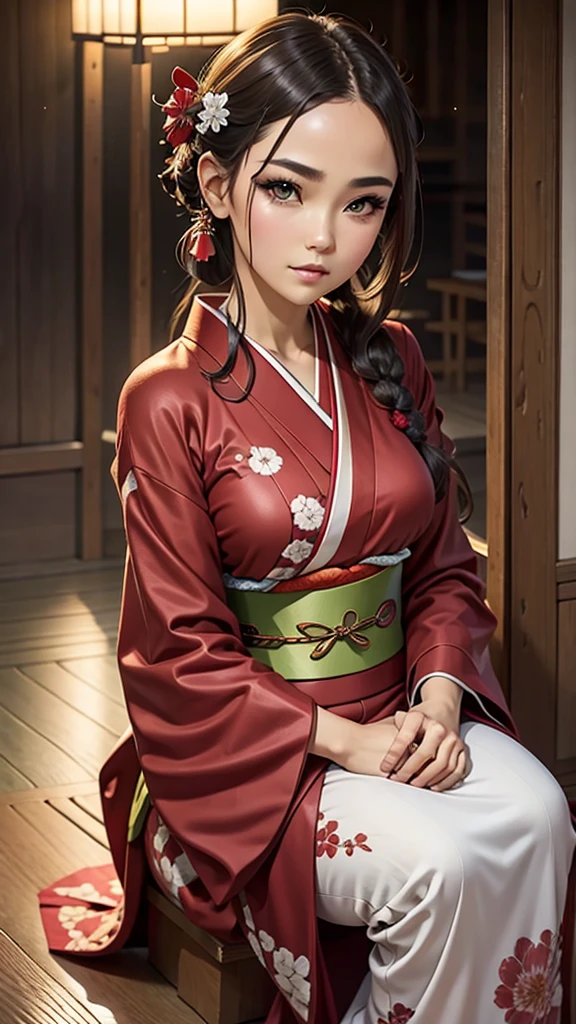photorealistic, solo, beautiful Japan woman, traditional kimono, natural figure, soft smile, impressive gaze, traditional hairstyle, Japanese room at dusk, sitting by the window, illuminated by city lights, (attractive pose), professional photographer, shallow depth of field, backlit,