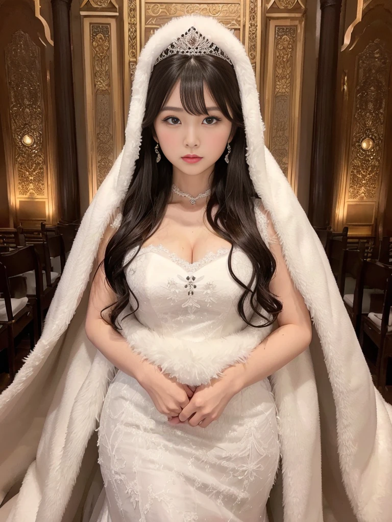 fluffyの毛皮。fluffy。(((Kazakh wedding attire)))(((Pair of women、Harem、Dark Room)))。Wedding dressを着た女性たちの写真。Wedding dress、Brown fur cape。Fisheye Lenultiple women。