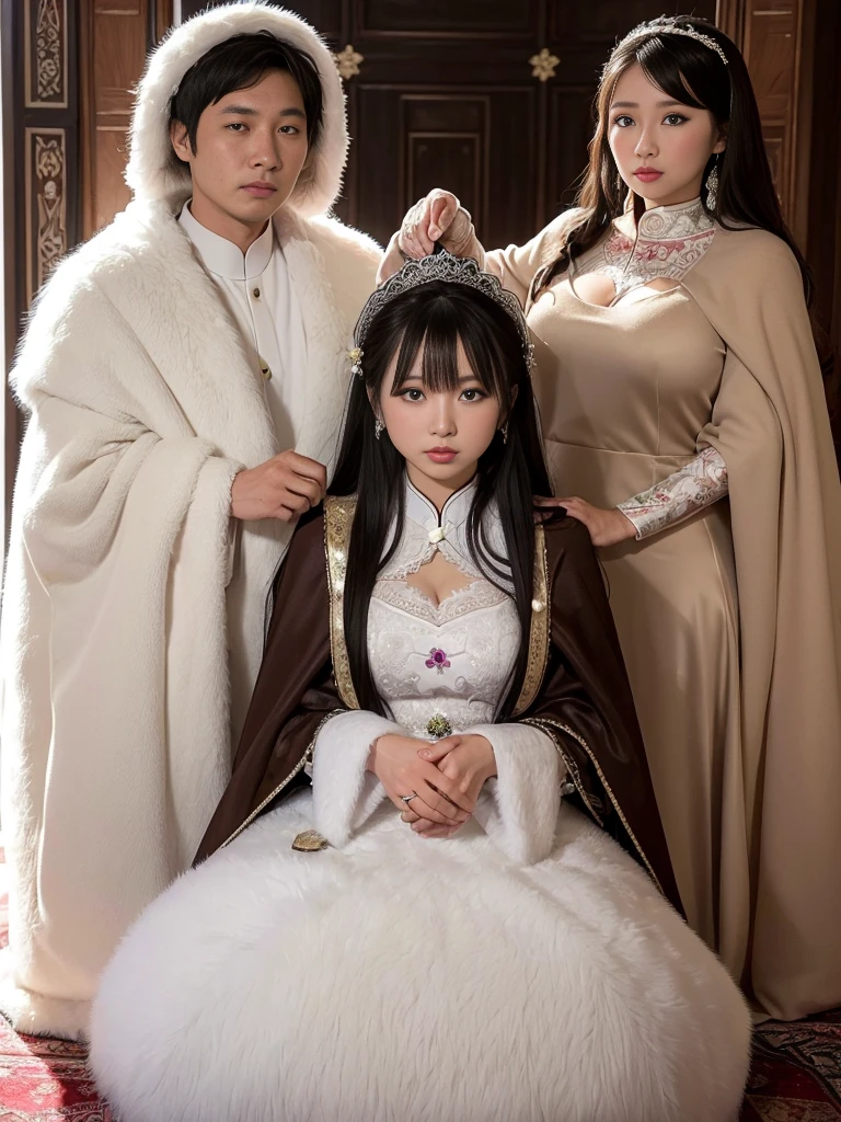 fluffyの毛皮。fluffy。(((Kazakh wedding attire)))(((Pair of women、Harem、Dark Room)))。Wedding dressを着た女性たちの写真。Wedding dress、Brown fur cape。Fisheye Lenultiple women。