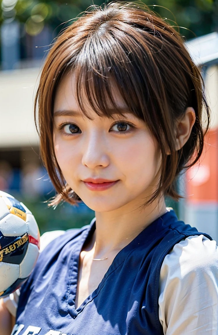 Holding an official size soccer ball、Photo at the soccer field、Blue Football Uniform、Japan National Football Team、Big breasts that can be seen even on top of the uniform、Braid only the front hair((On the pitch at the National Stadium:1.4))、Full body photo、smile、 Caustics、Highly detailed photos、Very beautiful ideal short hair、Large Breasts、Super no makeup、(8K、RAW Photos、Highest quality、masterpiece:1.2)、(Realistic、Realistic)、1 Girl、((Medium Short Hair、Looking into the camera:1.4))、