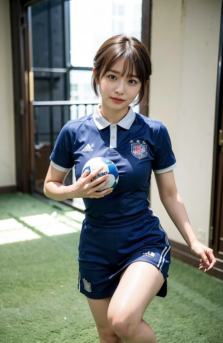Holding an official size soccer ball、Photo at the soccer field、Blue Football Uniform、Japan National Football Team、Big breasts that can be seen even on top of the uniform、Braid only the front hair((On the pitch at the National Stadium:1.4))、Full body photo、smile、 Caustics、Highly detailed photos、Very beautiful ideal short hair、Large Breasts、Super no makeup、(8K、RAW Photos、Highest quality、masterpiece:1.2)、(Realistic、Realistic)、1 Girl、((Medium Short Hair、Looking into the camera:1.4))、