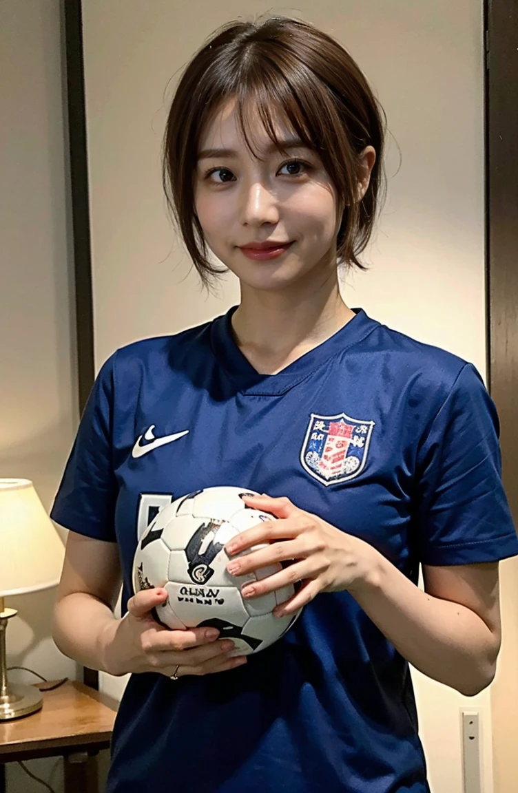 Holding an official size soccer ball、Photo at the soccer field、Blue Football Uniform、Japan National Football Team、Big breasts that can be seen even on top of the uniform、Braid only the front hair((On the pitch at the National Stadium:1.4))、Full body photo、smile、 Caustics、Highly detailed photos、Very beautiful ideal short hair、Large Breasts、Super no makeup、(8K、RAW Photos、Highest quality、masterpiece:1.2)、(Realistic、Realistic)、1 Girl、((Medium Short Hair、Looking into the camera:1.4))、