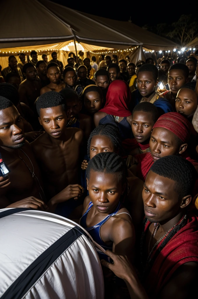 Night, Dark lit, Flash light, An Albino Masai Warrior and a Polar bear Wrestling under a tent in a crowded busy masai funeral Setting.a masai Girl in Bikini is pictured by the tourists . Some Western white Tourists Are Talking pictures. Everyone Looks at the scene . Night poorly lit, a Front Flash light. Fashion Week 