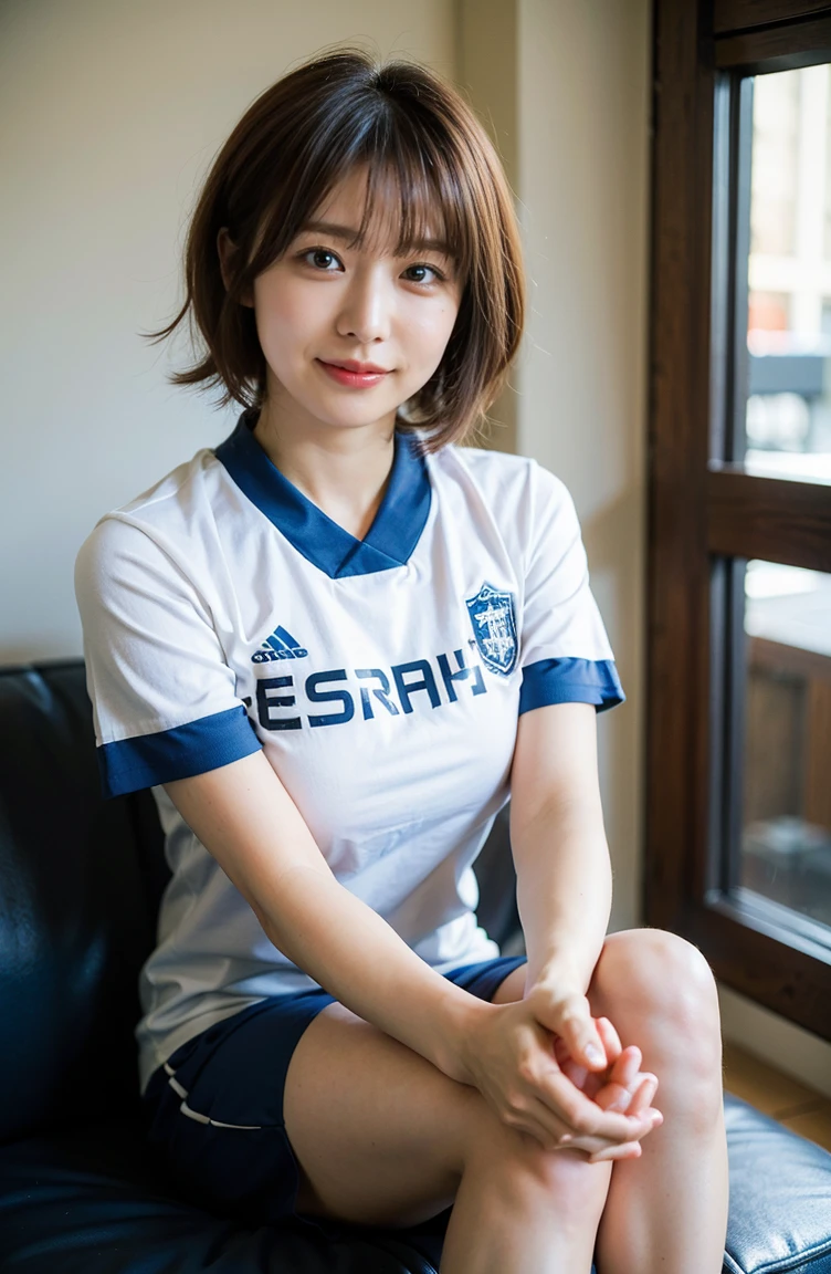 Holding an official size soccer ball、Photo at the soccer field、Blue Football Uniform、Japan National Football Team、Big breasts that can be seen even on top of the uniform、Braid only the front hair（（On the pitch at the National Stadium:1.4））、Full body photo、smile、 Caustics、Highly detailed photos、Very beautiful ideal short hair、Large Breasts、Super no makeup、(8K、RAW Photos、Highest quality、masterpiece:1.2)、(Realistic、Realistic)、1 Girl、((Medium Short Hair、Looking into the camera:1.4))、
