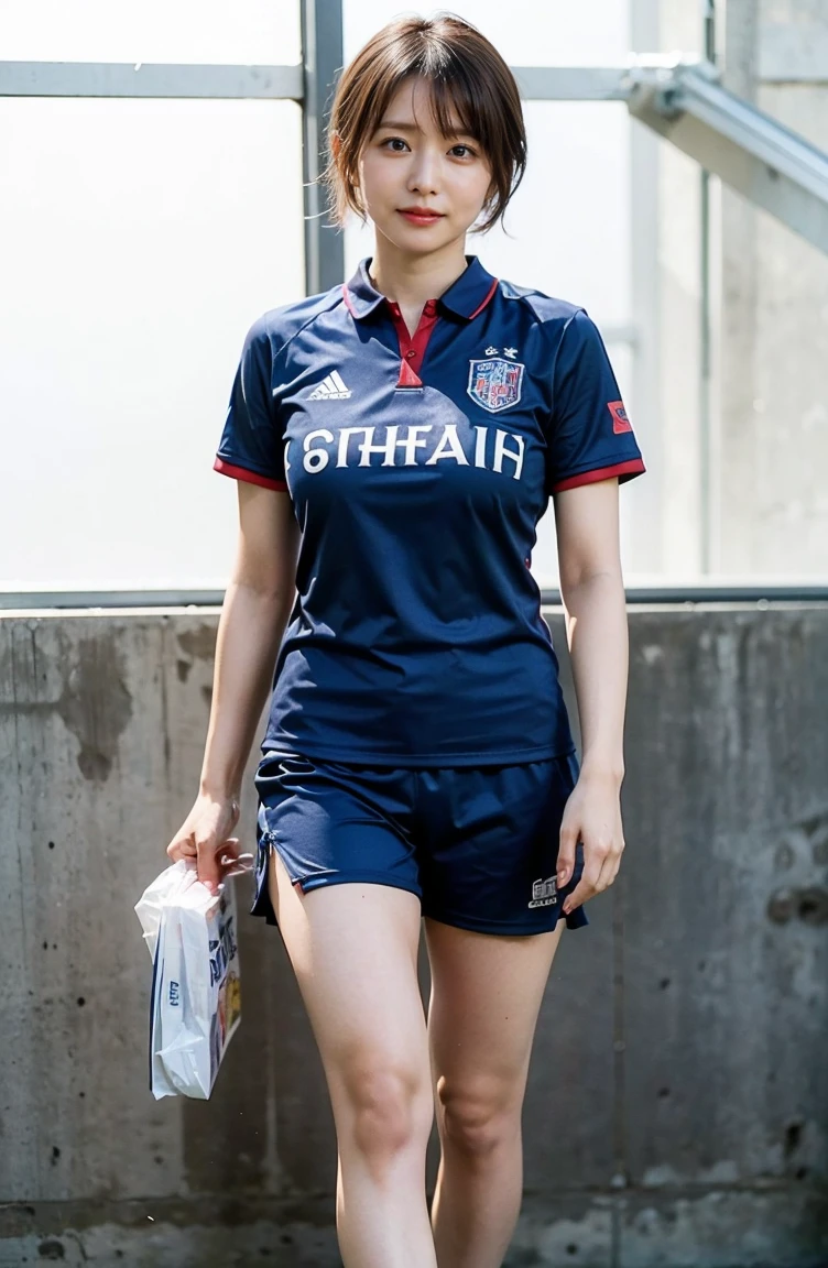 Holding an official size soccer ball、Photo at the soccer field、Blue Football Uniform、Japan National Football Team、Big breasts that can be seen even on top of the uniform、Braid only the front hair（（On the pitch at the National Stadium:1.4））、Full body photo、smile、 Caustics、Highly detailed photos、Very beautiful ideal short hair、Large Breasts、Super no makeup、(8K、RAW Photos、Highest quality、masterpiece:1.2)、(Realistic、Realistic)、1 Girl、((Medium Short Hair、Looking into the camera:1.4))、
