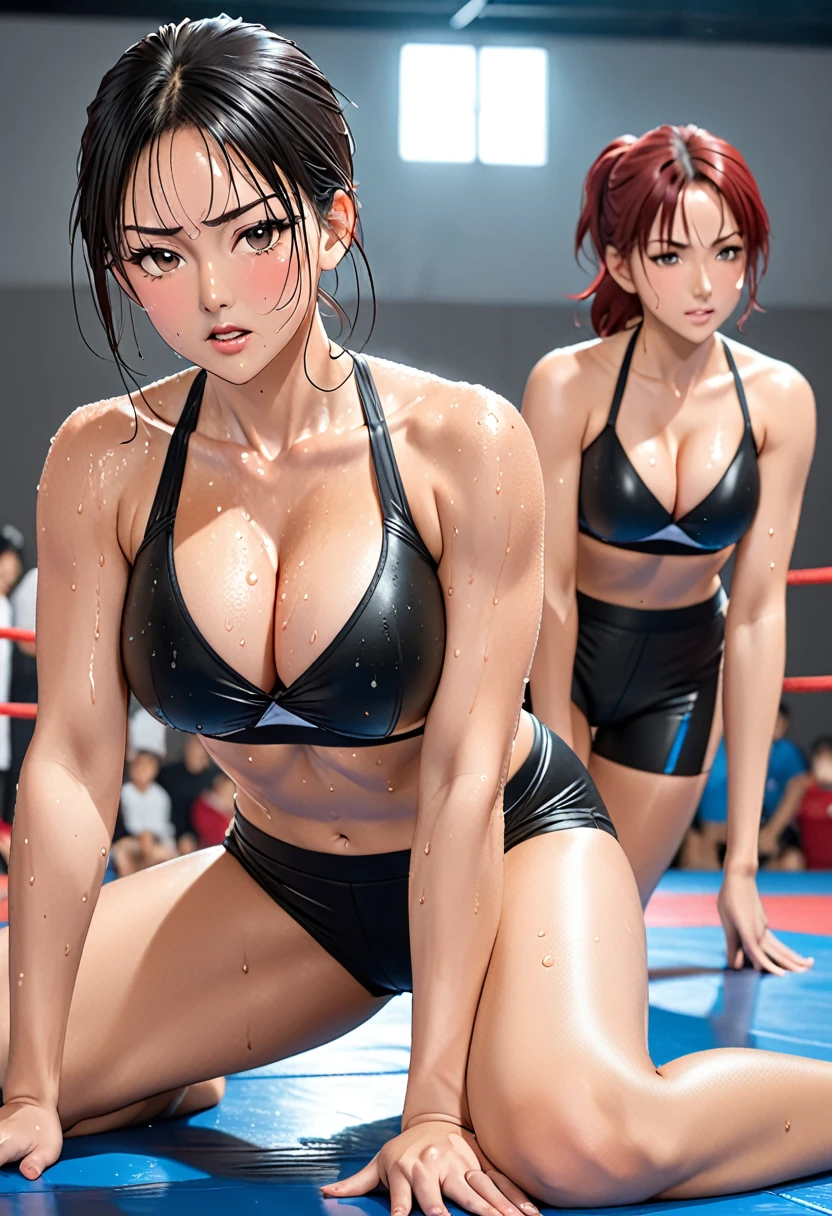 (top-quality manga:2.4),(Perfect Beautiful Face 2.2),(Perfect and beautiful posture:2.2),wet with sweat,(sweat in cleavage:2.2),(Abnormal sweating:2.2),large full breasts,2  Female freestyle wrestling athlete ,cute face, nice legs, showing their ground techniques in a fight on the graund