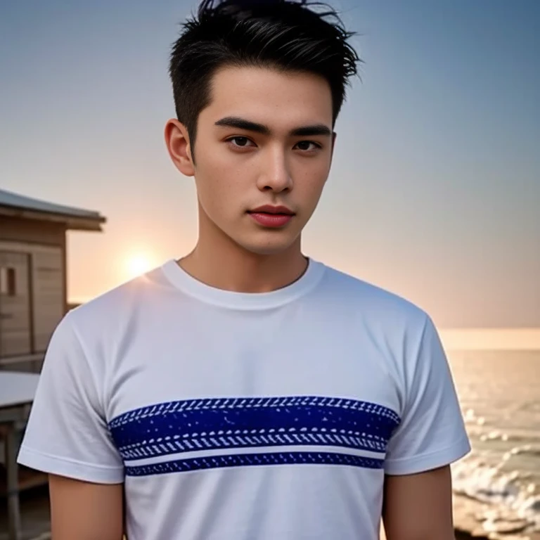 An Araf man stands on the beach with the sunset in the background., portait photo Profile pictureture, Profile picture, Wide facial cleanser,  cute young man, headshot Profile pictureture, handsome man, Handsome and charming, Very charming and beautiful, Close-up of a Southeast Asian man with a round face., black eyes, staring at the viewer, morning sun, ((face details)), Double eyelids, realistic, Masterpiece, Highest quality, lens flare, shade, [[Chromatic aberration, digital painting, 8K, 45,000,000,000 pixels,, t-shirt, long hair,black eyes,abdominal muscles, The body is beautiful and strong., Curvy chest, (digital painting, HDR, high contrast