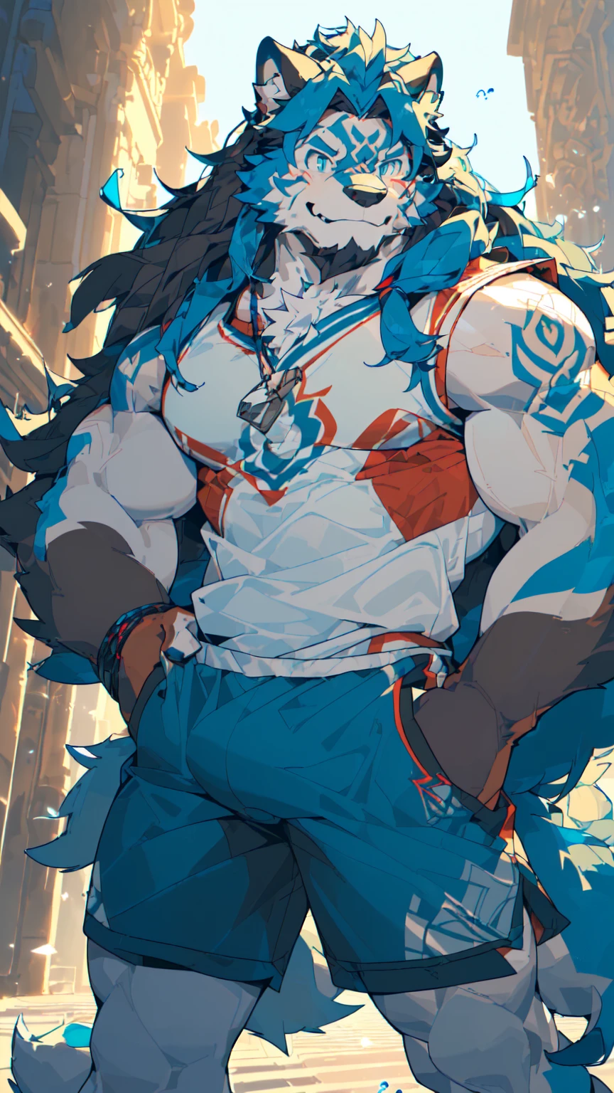 Sunlight,high resolution,4K,(((Half Body))),masterpiece,high quality,Brave and bold,((Wolf)),male,((Strike a pose:1.3)),WolfFurry,(Middle-aged uncle),hairy,((Mature,Smiling Face,Long hair:1.3)),((peaceful,Ease)),((Strong body,thin long ears:1.2,Wolf尾巴:1.3,Crotch bulge:1.3)),(((Red and black sports shorts))),(((Green ears:1.2,Dark blue head:1.2,dark blue back:1.1,Dark blue hands:1.3,White breast:1.3,White belly:1.4,Blue pupils:1.2))),Fascinated faces,AttentiontoDetail,Detailed body,Detailed hands