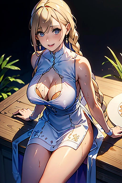 (from above:1.2),18 year old beautiful girl,Purplish blue eyes that dreamers desire,(Blonde hair) , small stature, (masutepiece:1.2, Best Quality),(finely detailed beautiful eye: 1.2),(beautifull detailed face),(perky chest:1.1),(pointed chest:1.2),(cakes magazine cover:1.5),(Best Illumination, extremely delicate and beautiful),sexy pose,Ultra Contrast,Braid a little around the ears, White long dress, (very detailed),(Raw photo, highest quality),(realistic, Photoreal:1.3), high detail, very detailed complex 3D rendering of face, (very detailed skin:1.2), dynamic angle, fire glow effect, professional lighting, side light, cinematic light, a super high resolution, 8K , best shadow, particles of light, Fine skin texture, detailed face, intricate details, Super detailed, shine, Please reconsider, full body,, beautiful face, shiny skin, thin, nice companion, delicate body, thin legs, cute apron, ((crawl on all fours:0.6)), beautiful back,little turn around, bend the body, the skirt is floating in the wind, Dark purple panties, thin Pubic hair ,highest quality, high resolution, Real World, Natural light, perfect Natural Light, ((the tip is protruding, areolas protruding)),Sweating,Wet,Wet crotch,Wet thighs,Realistic, (cute, perfect clothes: 1.3) ,narrow waist,(with sparkling eyes and a contagious smile), open mouth, looking at viewer,