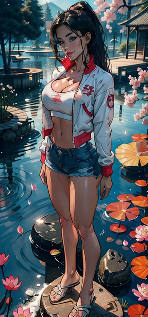 1female，35yo，plumw，extremely large bosom， solo，（Background with：ponds，Cherry blossom forest，lotus flower）Lie underwater， She has long pink hair，standing on your feet，seen from the front，， mostly cloudy sky，（（（tmasterpiece），（Very detailed CG unity 8K wallpaper），best qualtiy，cinmatic lighting，detailed back ground，beatiful detailed eyes，Bright pupils，Black eyes，Snow-whiteskin，Redlip（Very fine and beautiful），（Beautiful and detailed eye description），ultra - detailed，tmasterpiece，））facing at camera，A high resolution，ultra - detailed），revealing breasts，Bare genitals，  Bulge，legs are open，Raised sexy，Camel toes，Flushed complexion，Desire for dissatisfaction，frontage，ssmile（Wearing：Red baseball jacket，Sexy denim shorts）