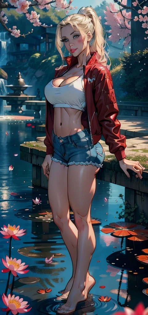 1female,35yo,plumw,extremely large bosom, solo,(Background with:ponds,Cherry blossom forest,lotus flower)Lie underwater, She has long pink hair,standing on your feet,seen from the front,, mostly cloudy sky,(((tmasterpiece),(Very detailed CG unity 8K wallpaper),best qualtiy,cinmatic lighting,detailed back ground,beatiful detailed eyes,Bright pupils,Black eyes,Snow-whiteskin,Redlip(Very fine and beautiful),(Beautiful and detailed eye description),ultra - detailed,tmasterpiece,))facing at camera,A high resolution,ultra - detailed),revealing breasts,Bare genitals, Bulge,legs are open,Raised sexy,Camel toes,Flushed complexion,Desire for dissatisfaction,frontage,ssmile(Wearing:Red baseball jacket,Sexy denim shorts)