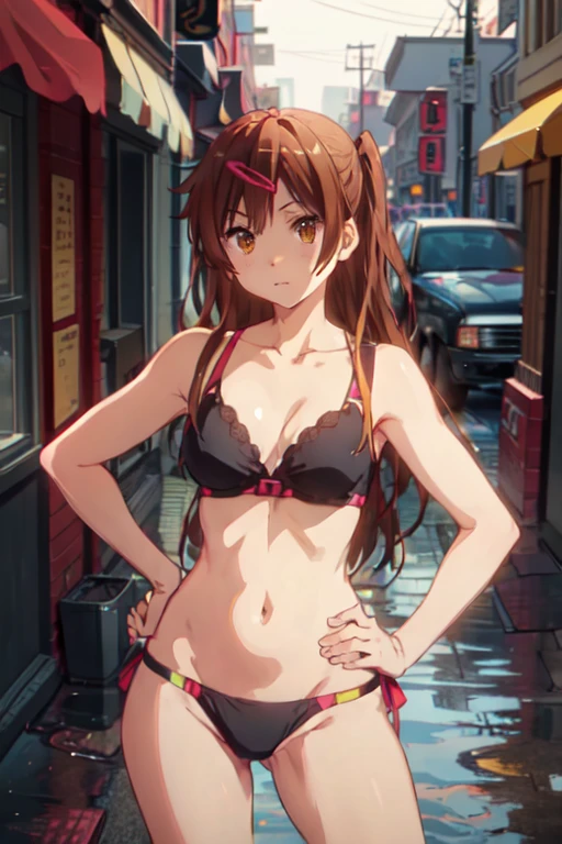 1girl, solo, shinka nibutani, flowing hair, medium breasts, Tight top, black thong, masterpiece, smile, looking at viewer, outdoors, street, rain, contrapposto, standing, one hand on hip, cowboy shot