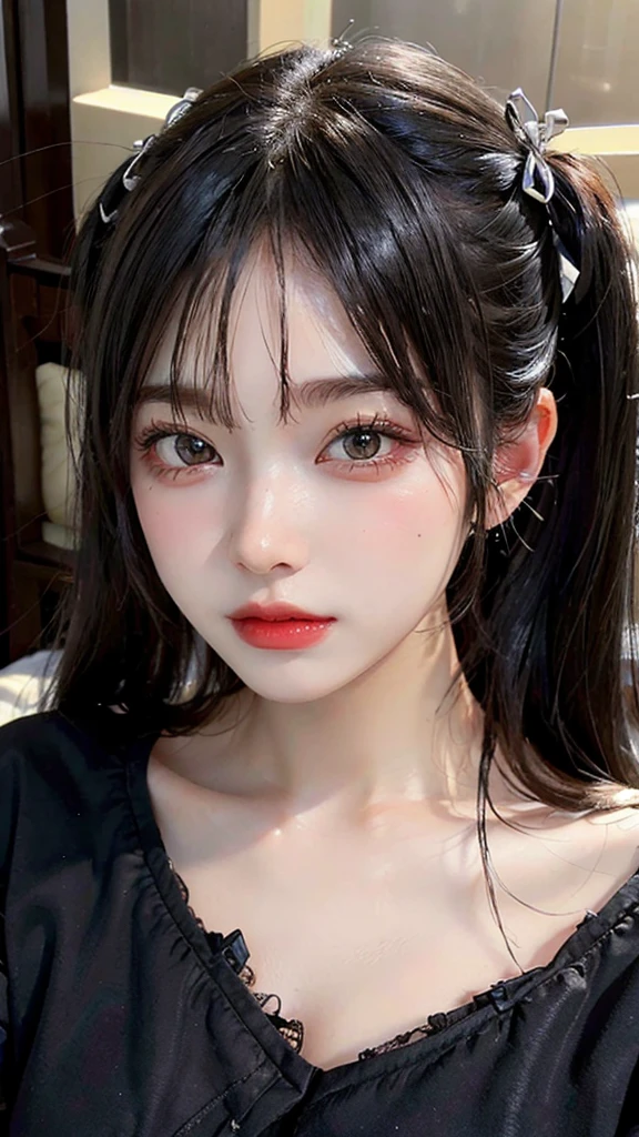 (Highest quality, masterpiece:1.3), ((Beautifully detailed face)), beautifully detailed skin, Intricate details, Very detailed, Best image quality in 8K, (18-year-old girl),Japanese Girls,Baby Face,(Detailed Hair,Twin tails:1.4,Black Hair),Detailed lips,Open your mouth,(bed),blush,Embarrassing,Realistic Face,Realistic Skin,(sexy:2.0,Clothes are disheveled),(Vibrant Skin,Moisturized Skin:1.2),Vivid lips,Lip gloss