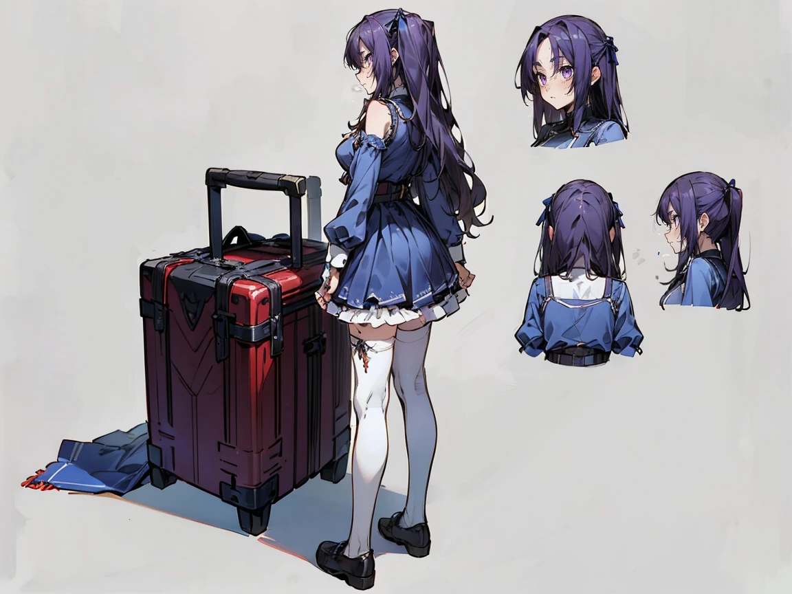 (((three-sided view, front view, side view, back view, multiple views, multiple poses and expressions, many parts)), concept art, character concept art, character sheet, Full body, illustration, (simple background, gray background), 1 character, 1girl, fantasy art:1.1), (reo mikage:0.7), blue lock, girls with((black hair, bangs, (one side up, long wavy hair, ribbon:1.55), perfect hands, perfect fingers, (exposed breasts, tits cleavage, breasts close up:1.2), dress((suspenders, dress, belt, nun:1.15), (blue clothes, frills shirt, no sleeves, sleeveless, frills panniers, long sleeves:1.52)), (white legwear, thighhighs, single thighhighs, single legwear, black footwear, strap shoes:1.42))