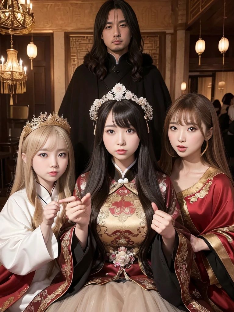 fluffyの毛皮。fluffy。(Chinese archaic queen)(((Pair of women、Harem、Dark Room)))。Wedding dressを着た女性たちの写真。Wedding dress、Brown fur cape。Fisheye Lenultiple women。