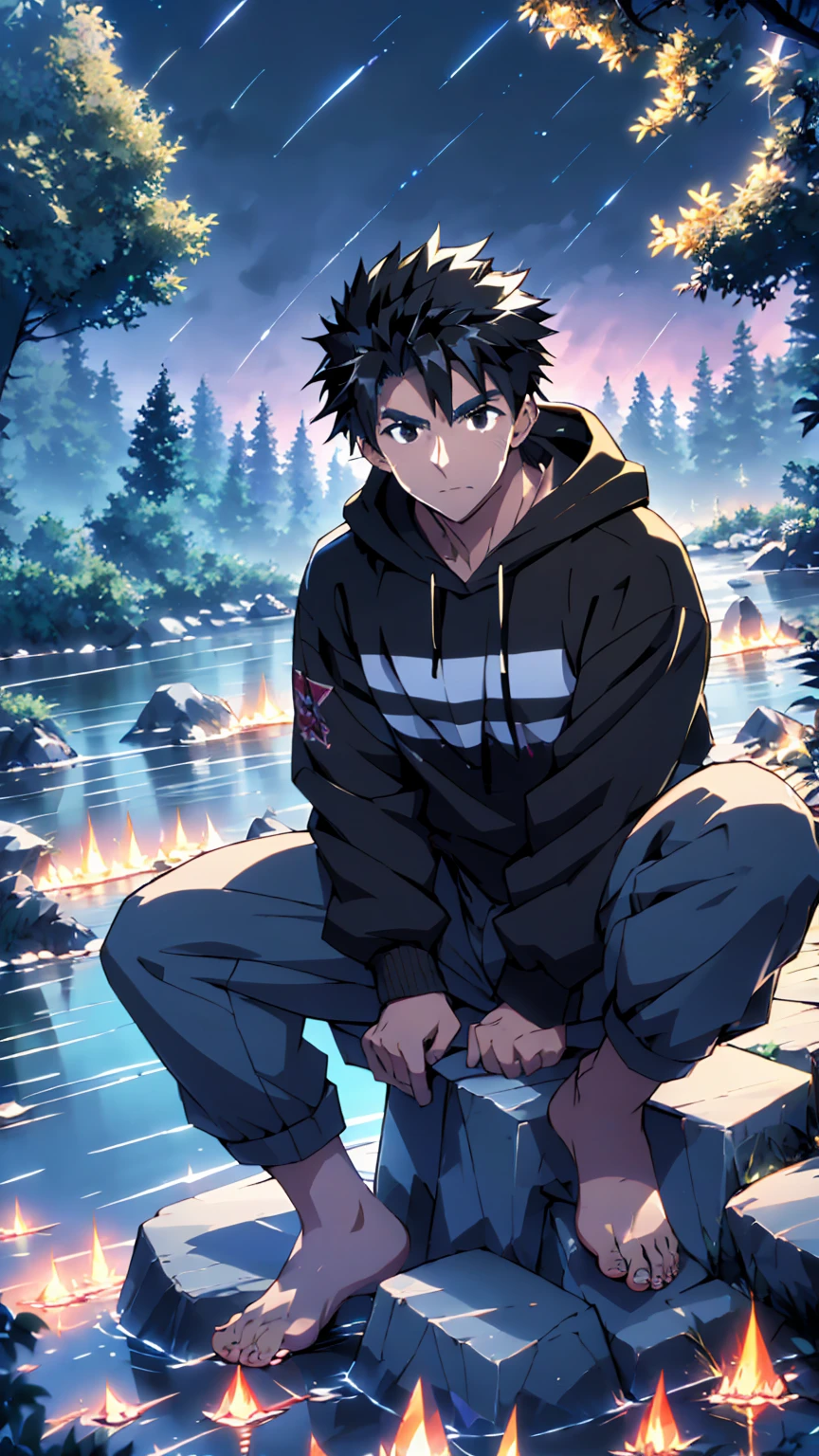 ((Highest quality)), ((masterpiece)), (detailed), Highest quality、High resolution、８K、A plain black hoodie、One adult male、33 years old、Sharp black eyes、Slightly permed black hair、Japanese anime-like style、超High resolutionかわいい萌えアニメ8k、handsome face manly、Slender and muscular、barefoot、sitting on a stone、Spread your legs、night、Forest landscape、lake、darkness、Surrounded by lots of fireflieoonlight