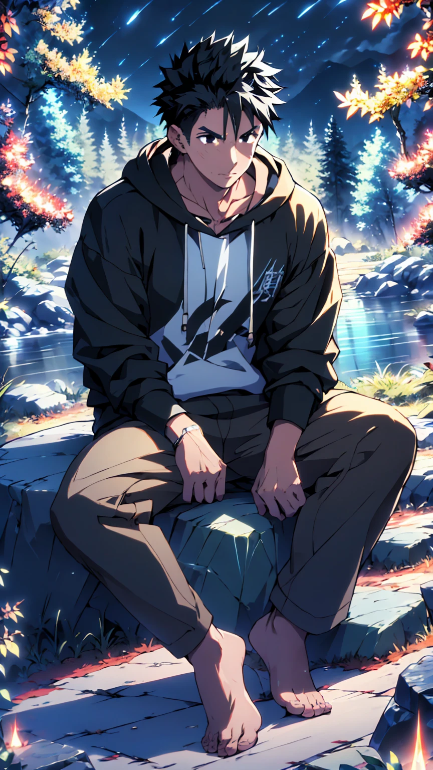 ((Highest quality)), ((masterpiece)), (detailed), Highest quality、High resolution、８K、A plain black hoodie、One adult male、33 years old、Sharp black eyes、Slightly permed black hair、Japanese anime-like style、超High resolutionかわいい萌えアニメ8k、handsome face manly、Slender and muscular、barefoot、sitting on a stone、Spread your legs、night、Forest landscape、lake、darkness、Surrounded by lots of fireflieoonlight