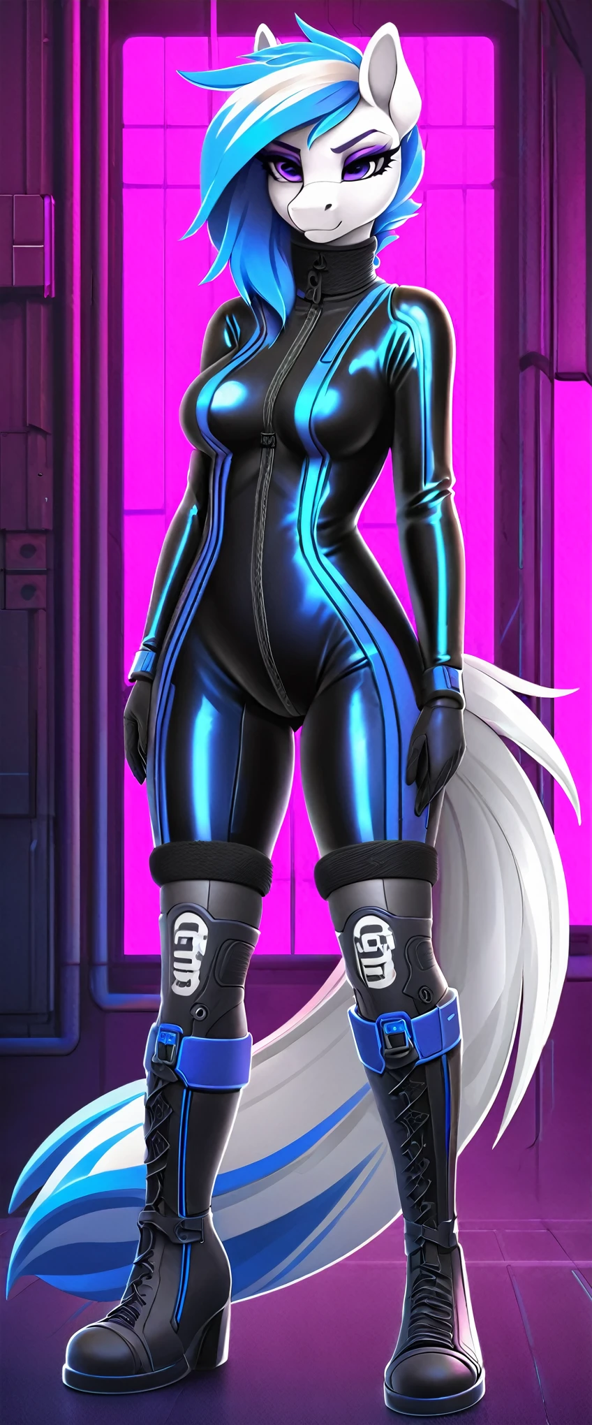 a ((full body)) cartoon picture of an anthropomorphic, android (((pony:0.9))), cyberpunk style, (((shiny latex cyberpunk neck-entry full bodysuit:1.5))), (((techwear jacket on top:0.9))), (((calf-high boots))), generic MLP style, professional drawing, female anthro pony, medium breasts, ((frowning:1.0)), metallic purple eyeliner, (((semi realistic cream white fur))), (((detailed eyes:1.0))), electric blue colored cyberpunk mane and tail with violet tips.