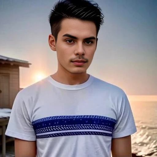 An Araf man stands on the beach with the sunset in the background., portait photo Profile pictureture, Profile picture, Wide facial cleanser,  cute young man, headshot Profile pictureture, handsome man, Handsome and charming, Very charming and beautiful, Close-up of a Southeast Asian man with a round face., black eyes, staring at the viewer, morning sun, ((face details)), Double eyelids, realistic, Masterpiece, Highest quality, lens flare, shade, [[Chromatic aberration, digital painting, 8K, 45,000,000,000 pixels,, t-shirt, short hair, black eyes,abdominal muscles, The body is beautiful and strong., Curvy chest, (digital painting, HDR, high contrast