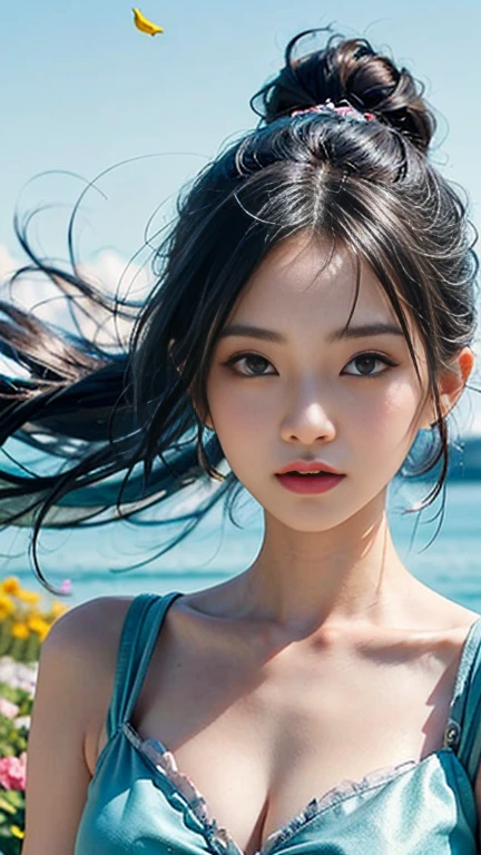 (masterpiece), (Highest quality), (Super detailed),(Disheveled Hair),(figure), (One girl), (Fashionable clothes), Are standing, Fashion Model, View your viewers, (interview), (Simple Background),Beautiful attention to detail, Delicate and beautiful face, floating,(High saturation),(Colorful splashes),Colorful Bubbles,(The Shining), Focus on the face, ponytail, kamisato ayaka, Light blue hair, bangs, Hair Ring, Floating Flowers, Floating hair, (The Shining), Best lighting, Best Shadow,