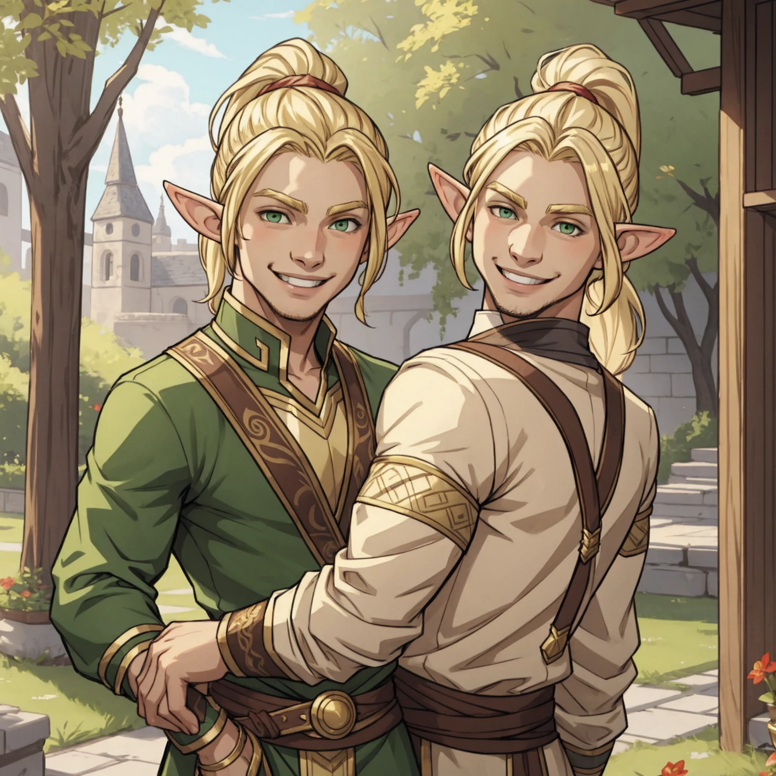 half-elf, young man, blonde hair, ponytail, smiling, pleasant, friendly, green eyes, looking at viewer,