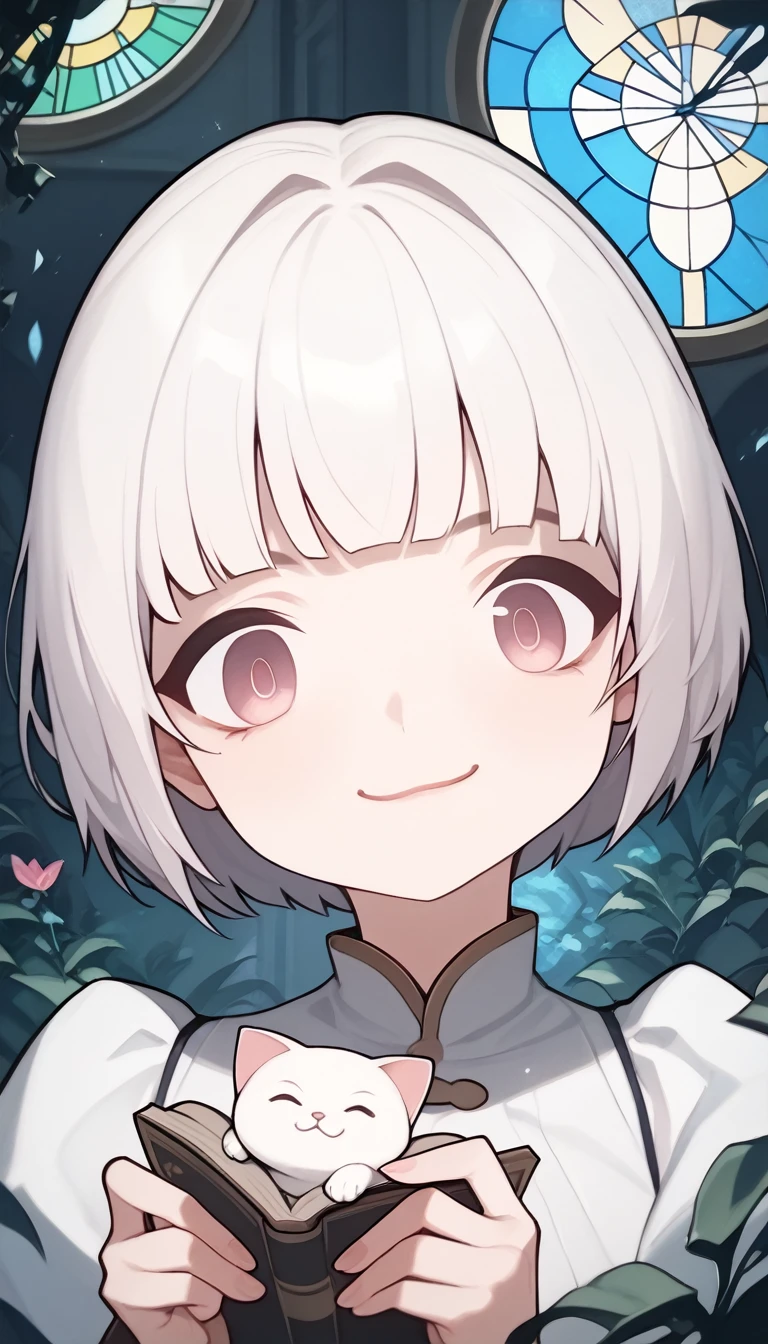 score_9, score_8_up, score_7_up, score_6_up, score_5_up, score_4_up, source_anime, beautiful and cute woman, innkeeper, playing with cats, long face, silvery bob cut, blunt bangs, droopy eyes, smirk, pink cheeks, in a dim forest, faint moonlight, inn entrance with stained glass, simple and simple, slightly scary picture book illustration style