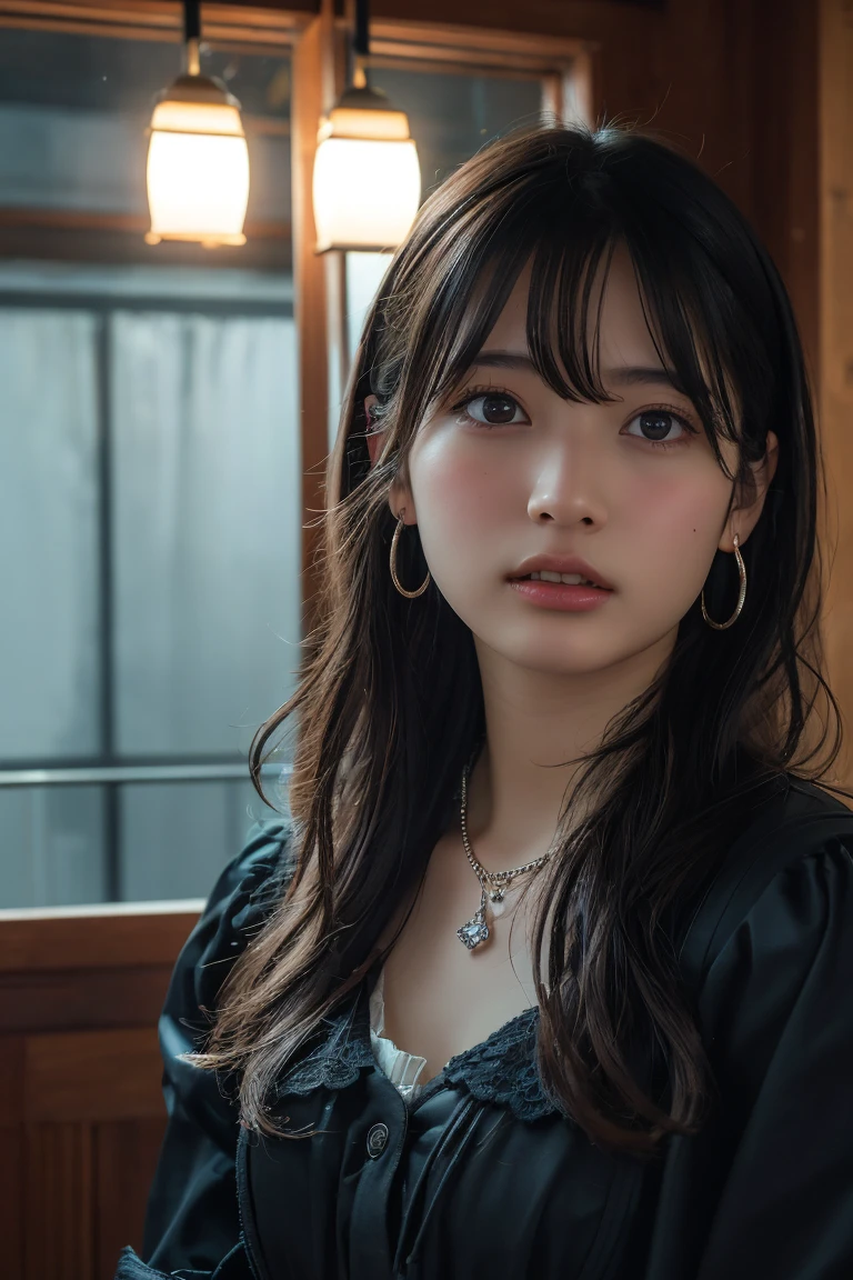 (Highest quality:1.4),(masterpiece:1.4),(Realistic:1.4),(Realistic:1.2),(超High resolution, RAW Photos:1.4),(High resolution, Ultra-detailed:1.2),(8K:1.2),View your viewers,Cinematic photography,One girl,skeletally correct，Black-haired woman，(Small earrings，necklace，Gothic Lolita，View from the front),（Western-style building interior，Dimly lit room，The lamplight shines on my cheeks）