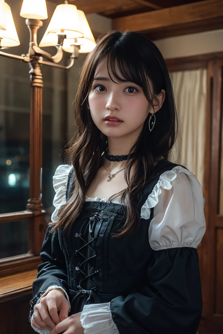 (Highest quality:1.4),(masterpiece:1.4),(Realistic:1.4),(Realistic:1.2),(超High resolution, RAW Photos:1.4),(High resolution, Ultra-detailed:1.2),(8K:1.2),View your viewers,Cinematic photography,One girl,skeletally correct,Black-haired woman,(Small earrings,necklace,Gothic Lolita,View from the front),(Western-style building interior,Dimly lit room,The lamplight shines on my cheeks)