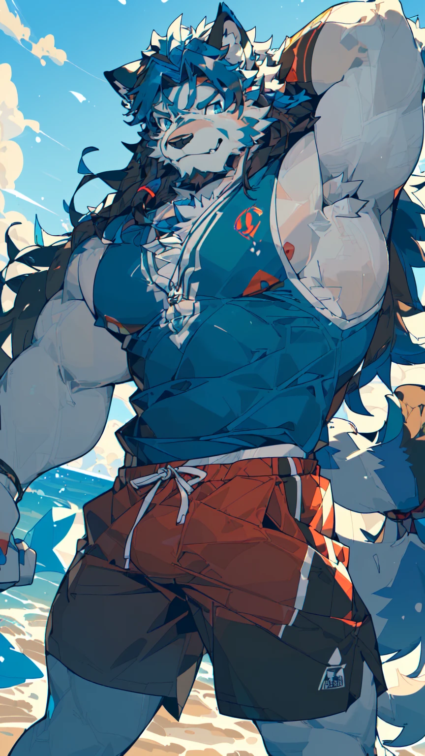 Sunlight，high resolution，4K，(((Half Body)))，masterpiece，high quality，Brave and bold，((Wolf))，male，((Strike a pose:1.3))，WolfFurry，(Middle-aged uncle)，hairy，((Mature，Smiling Face，Long hair:1.3))，((peaceful，Ease))，((Strong body，thin long ears:1.2，Wolf尾巴:1.3，Crotch bulge:1.3))，(((Red and black sports shorts)))，(((Green ears:1.2，Dark blue head:1.2，dark blue back:1.1，Dark blue hands:1.3，White breast:1.3，White belly:1.4，Blue pupils:1.2)))，Fascinated faces，AttentiontoDetail，Detailed body，Detailed hands