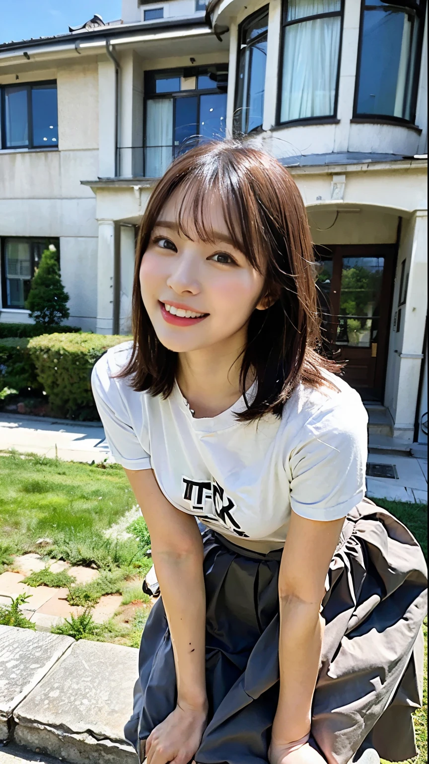 (Highest quality、8K、32k、masterpiece、Hmph:1.2)、Cute Japanese Married Women Photos、Laughter、Beautiful Face、(Leaning forward:1.3)、Squat、(From above:1.2)、(close:1.4)、throw、Loose fitting T-shirt、Big and ample breasts、(Beautiful breasts:0.9)、Outside the house、Wind、Shiny skin、Blurred Background、