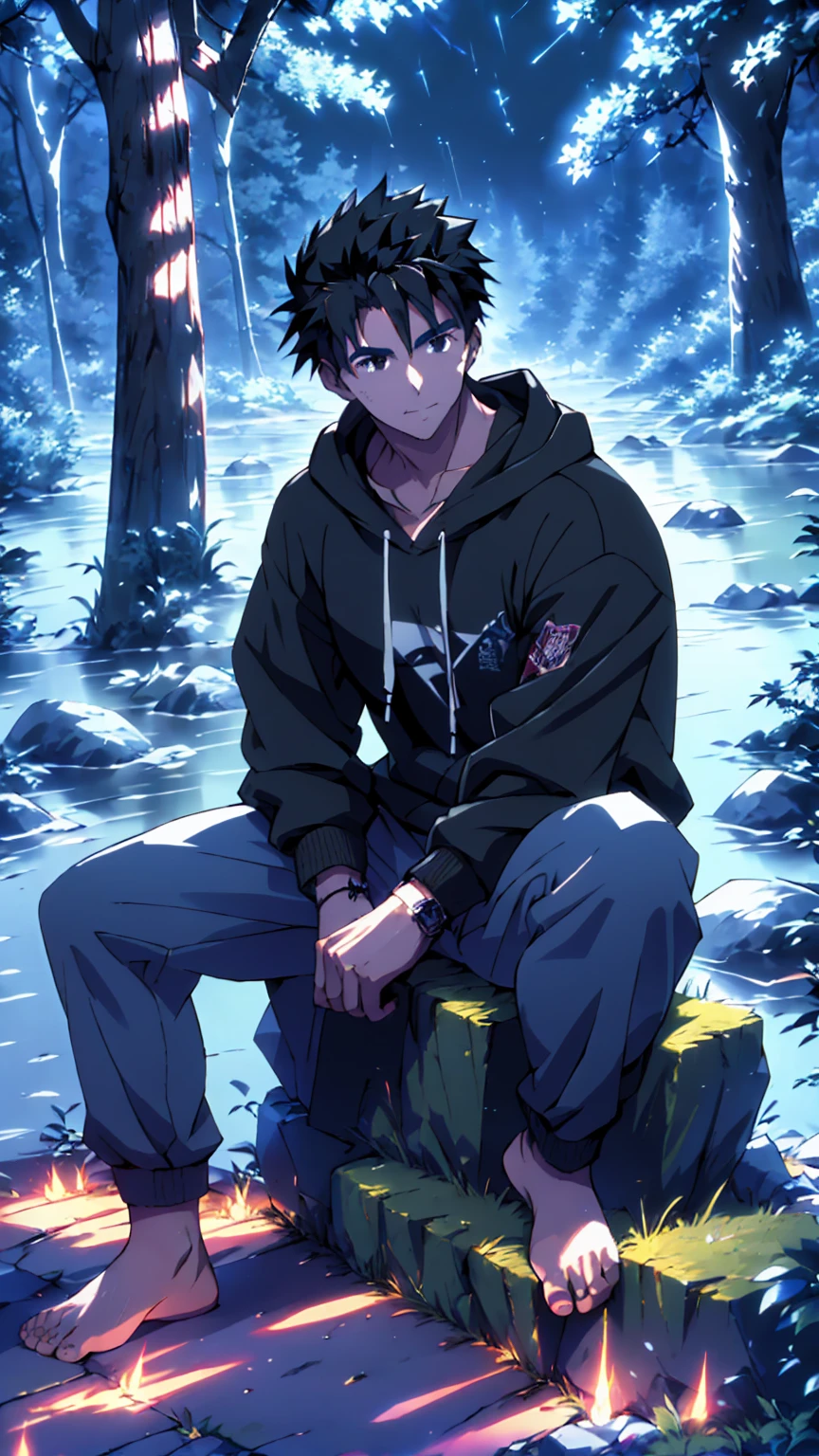 ((Highest quality)), ((masterpiece)), (detailed), Highest quality、High resolution、８K、A plain black hoodie、One adult male、33 years old、Sharp black eyes、Slightly permed black hair、Japanese anime-like style、超High resolutionかわいい萌えアニメ8k、handsome face manly、Slender and muscular、barefoot、sitting on a stone、Spread your legs、night、Forest landscape、lake、darkness、Surrounded by lots of fireflieoonlight