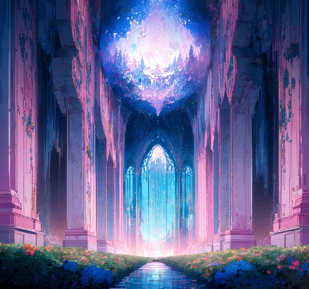 masterpiece, best quality, movie still, background scene, a huge thronehall, digitalized, electronics, flowers, trees, pink and blue, no road, no humans, digital salvage lying around, glitch art
