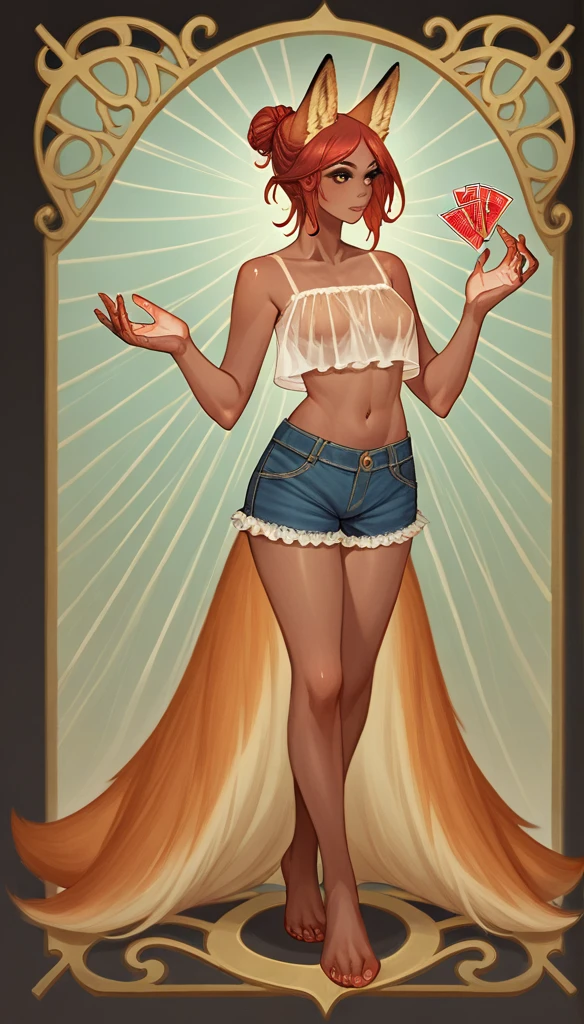 score_9, score_8_up, score_7_up, score_6_up, score_5_up, score_4_up,
female, (fox:1.2), animal ears, animal tail, holding (2 red magic Crystals on hands), (hands_up0.75), detailed hands, jewelery, hair_bun, dark_skin, dark_skinned_female, red hair, brown eyes, eyelashes, frills, (Translucent arabic croptop, Translucentarabic shorts),
Full body standing painting, (((solo))), Simple line design, ((tarot card background, symmetric beauty)), perfectly symmetrical, The art of symmetry, Standing drawings of characters, ((flatcolors)), tmasterpiecetop Qualities qualtiy