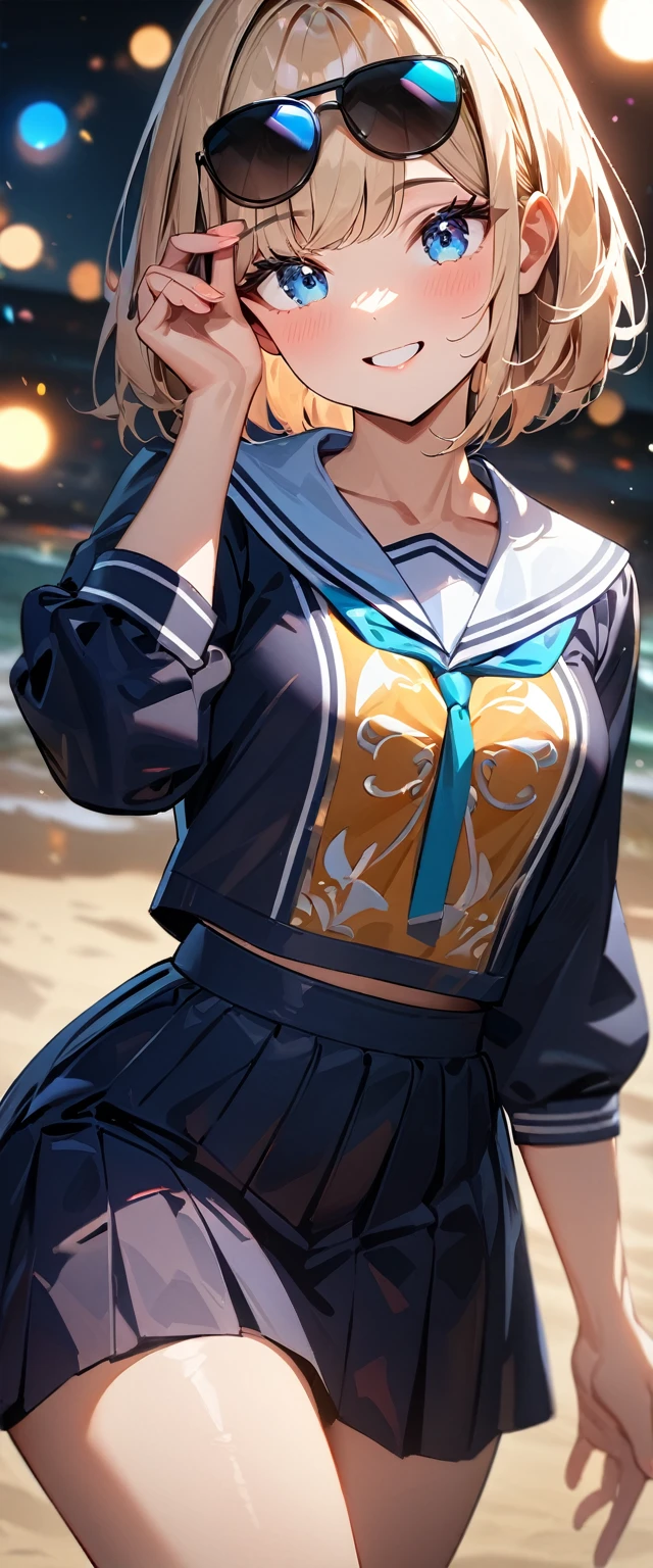 (((One girl))), ((beach)), noon, blond hair, bob cut, breasts, from front, (cowboy shot), standard body, (looking at viewer), ((dark blue serafuku)), dark blue skirt, (()), ((sunglasses)), hand to sunglasses, teenager, head tilt:1.3, (((blue eye))), ((happy smile)), anime style, (best quality, 4k, 8k, highres, masterpiece:1.2, ultra-detailed, ultra-detailed eyes, HDR, UHD, studio lighting, ultra-fine painting, sharp focus, physically-based rendering, extreme detail description, professional, vivid colors, bokeh), ((Highest quality, Best image quality, Ultra-high resolution, Ultra-high resolution, solo, Strong eye highlights)), Depth of written boundary, Natural soft light, attractive, Beautiful Face, Cleanliness, Pure Face, nedium chest, Beautiful Face, Perfect Fingers, Perfect hands, Perfect body, Perfect Face, Shine a light into your eyes, Perfect Anatomy