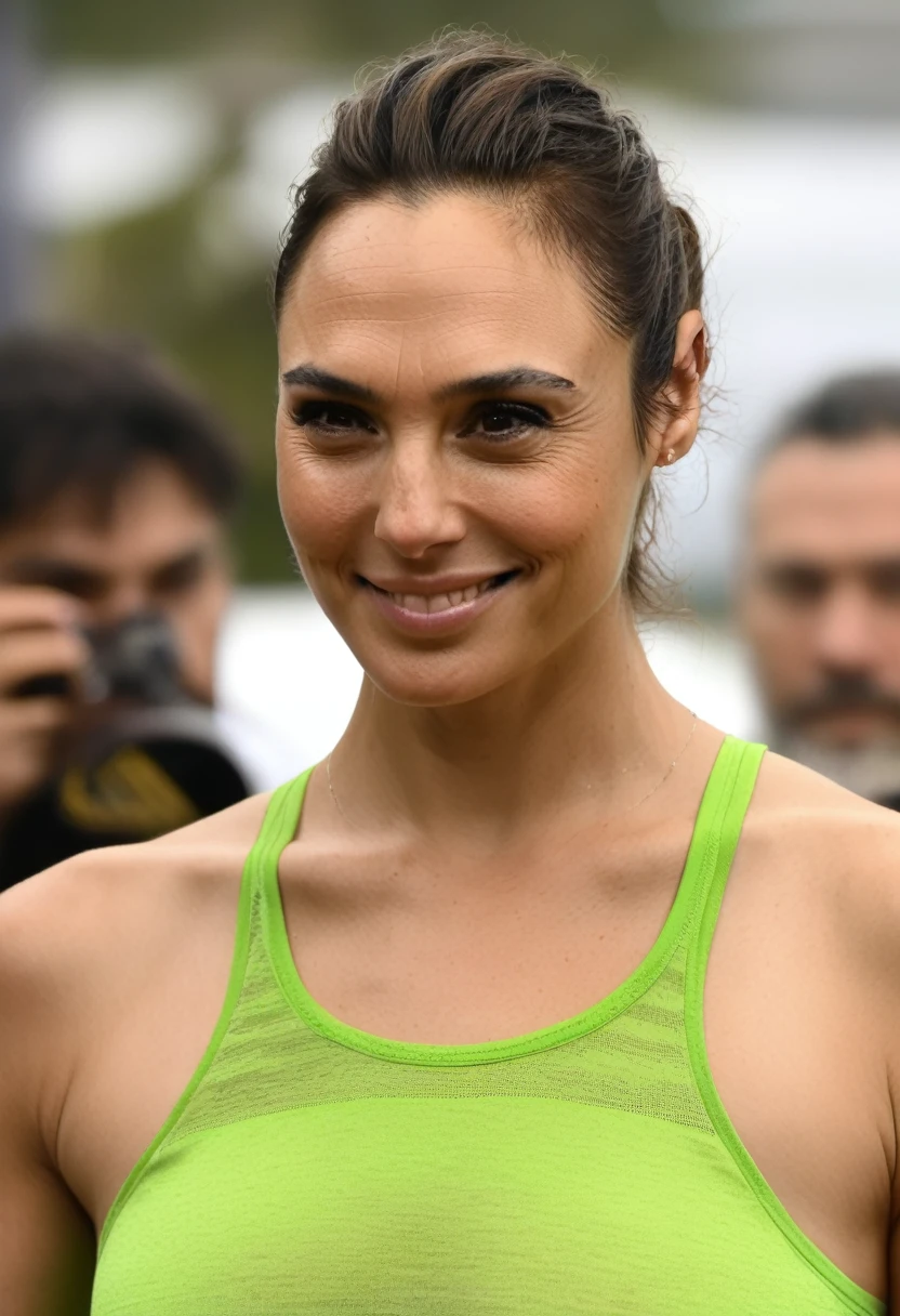 (high quality Erotic celebrity photograph ) ( galxgadt, pony ,GalGadot, exhausted , 45yo sexy woman,  at a  beach side  , smiling  ,( show her side breast , side boob tanktop  her  hair pulled back,pony tail,  incredibly sweaty light green  tank top, transparent tank top ) photorealistic ) , celebrity erotic photograph , oily skin ,   shiny sweaty skin , celebrity, female, woman, hollywood actress( perfect anatomy ,photorealistic  lights,  detailed face ,depth of field, insanely detailed skin texture, hyper detailed features, hyper photorealistic texture )