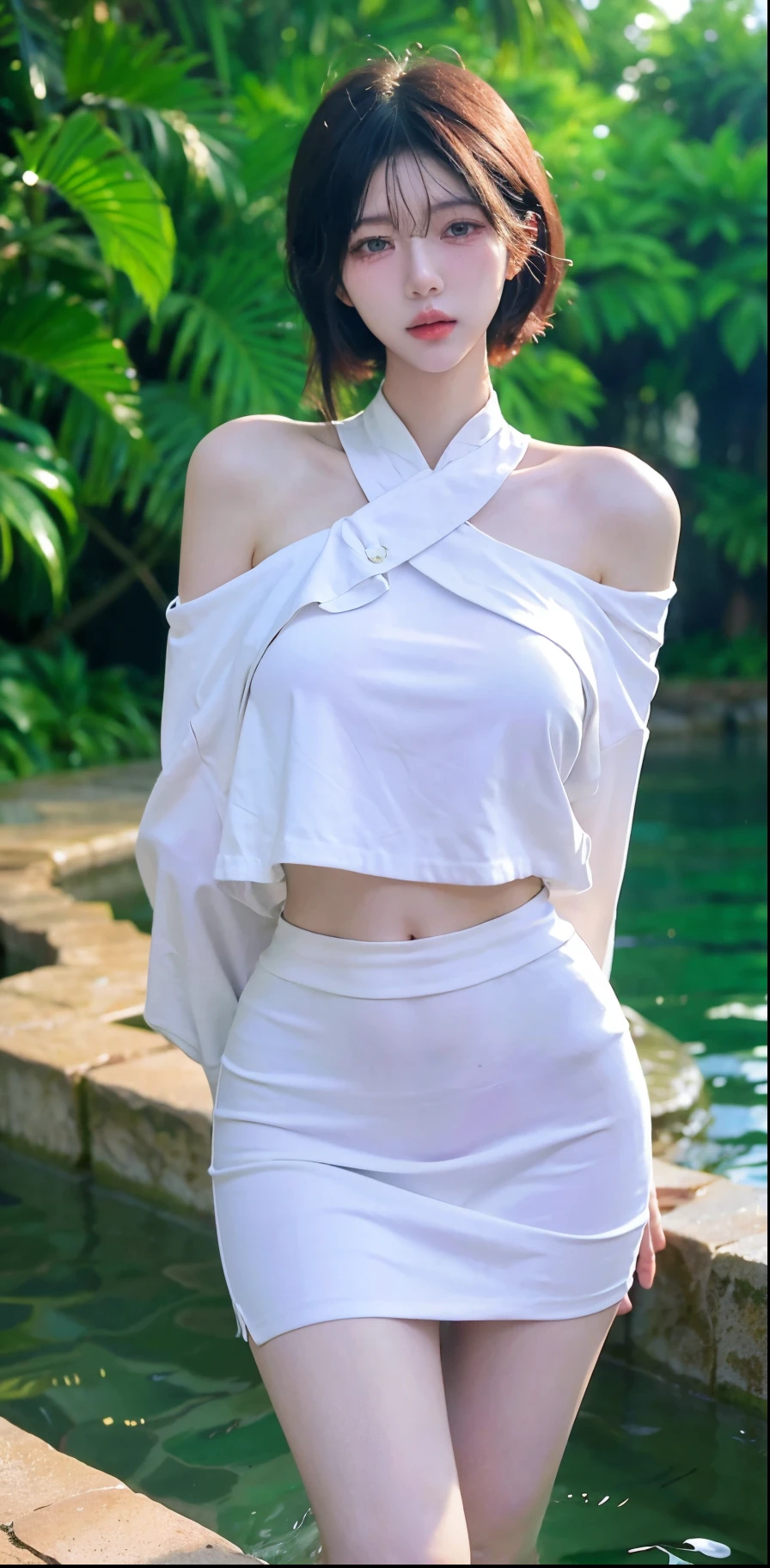 Beautiful woman with perfect figure:1.4,Ultra-high resolution,White legs,Put your hands behind your back,Swimming background,Big breasts:1.6,(Realism:1.4),perspective,Layered hairstyle,Snow white skin,JK:1.5,Super short pleated skirt,whole body:1.4,Very delicate and skin texture,Double eyelids,Skin Whitening,Long hair,White hair