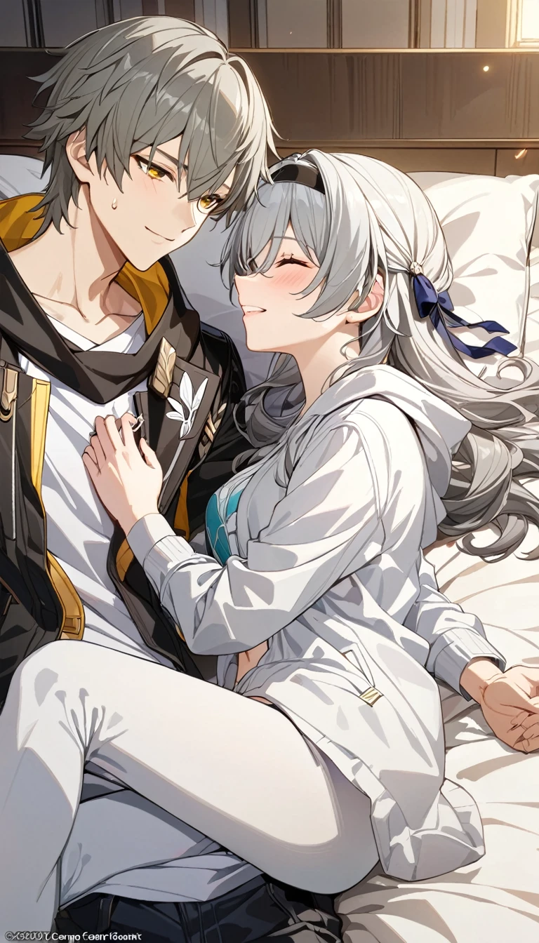(masterpiece, top quality, best quality, official art, beautiful and aesthetic:1.2),(8k, best quality, masterpiece:1.2), (((masterpiece))),(((best quality))),(((extremely detailed))),illustration, who, (masterpiece, top quality, best quality, official art, beautiful and aesthetic:1.2),(8k, best quality, masterpiece:1.2), masterpiece, best quality, illustration, highres, ultra-detailed, caelus \(honkai: star rail\),commentary request,firefly \(honkai: star rail\), 1girl, 1boy, grey hair, blush, long hair, hairband, hood, shirt, short hair, jacket, closed eyes, long sleeves, black jacket, smile, black hairband, hair between eyes, hetero, yellow eyes, white shirt, pants, hug, lying, black pants, hoodie, pillow, on side, hood down, sidelocks, on bed, sweatdrop
