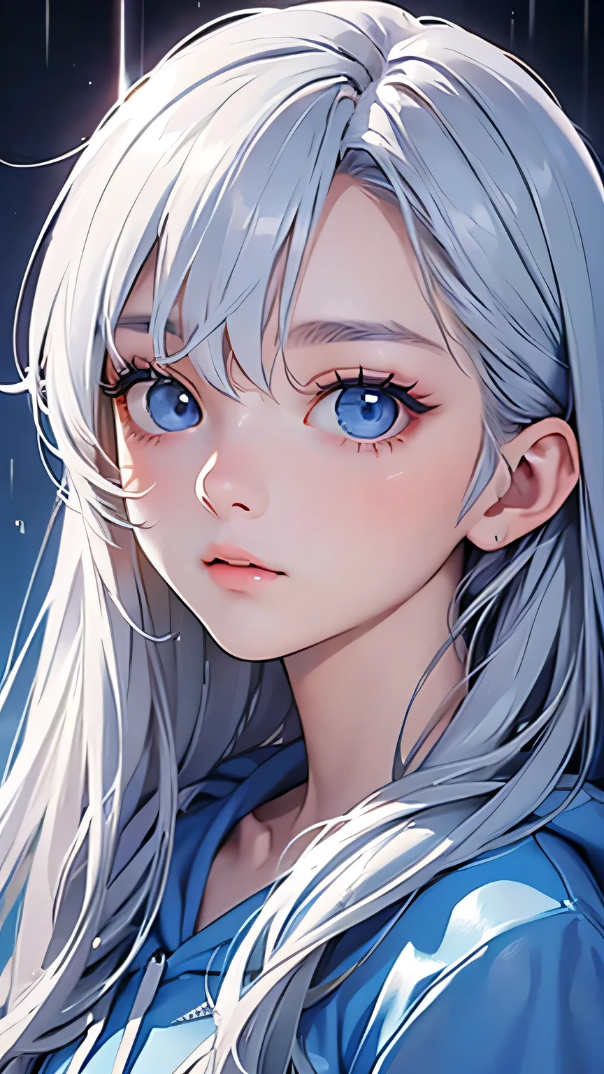 Highest quality、Realistic、girl、zoom、look up、cute、Cobalt blue eyes、Silver Hair、Straight hair、Long Hair、Please comb your hair、Light Blue Hoodie、Face close-up、thin、Soaked from head to toe、heavy rain、Bust Shot